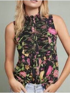 Anthropologie Akemi + Kin Black Pink Floral Smocked High-Neck Sleeveless Top Sml